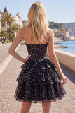 White Black Polka Dot Corset Sweetheart Tiered A Line Homecoming Dress