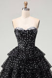 White Black Polka Dot Corset Sweetheart Tiered A Line Homecoming Dress