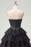 White Black Polka Dot Corset Sweetheart Tiered A Line Homecoming Dress