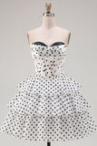 White Black Polka Dot Corset Sweetheart Tiered A Line Homecoming Dress
