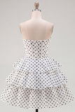 White Black Polka Dot Corset Sweetheart Tiered A Line Homecoming Dress