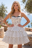 White Black Polka Dot Corset Sweetheart Tiered A Line Homecoming Dress