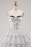 White Black Polka Dot Corset Sweetheart Tiered A Line Homecoming Dress