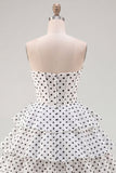 White Black Polka Dot Corset Sweetheart Tiered A Line Homecoming Dress