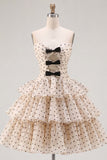 Apricot Black Dot Sweetheart Chiffon Tiered A Line Homecoming Dress with Bows