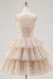Apricot Black Dot Sweetheart Chiffon Tiered A Line Homecoming Dress with Bows