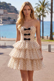 Apricot Black Dot Sweetheart Chiffon Tiered A Line Homecoming Dress with Bows