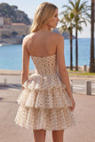 Apricot Black Dot Sweetheart Chiffon Tiered A Line Homecoming Dress with Bows