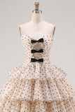 Apricot Black Dot Sweetheart Chiffon Tiered A Line Homecoming Dress with Bows