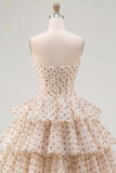 Apricot Black Dot Sweetheart Chiffon Tiered A Line Homecoming Dress with Bows