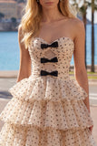 Apricot Black Dot Sweetheart Chiffon Tiered A Line Homecoming Dress with Bows