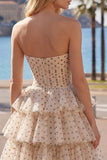 Apricot Black Dot Sweetheart Chiffon Tiered A Line Homecoming Dress with Bows