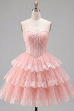 Strapless A Line Lace Tulle Corset Tiered Pink Homecoming Dress