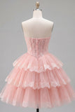 Strapless A Line Lace Tulle Corset Tiered Pink Homecoming Dress