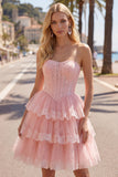 Strapless A Line Lace Tulle Corset Tiered Pink Homecoming Dress