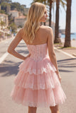 Strapless A Line Lace Tulle Corset Tiered Pink Homecoming Dress