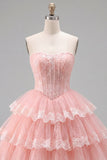 Strapless A Line Lace Tulle Corset Tiered Pink Homecoming Dress