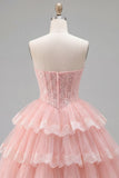 Strapless A Line Lace Tulle Corset Tiered Pink Homecoming Dress