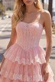 Strapless A Line Lace Tulle Corset Tiered Pink Homecoming Dress