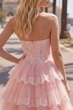 Strapless A Line Lace Tulle Corset Tiered Pink Homecoming Dress