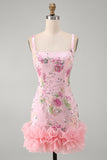 Pink Bodycon Square Neck Floral Sequin Homecoming Dress with Ruffles