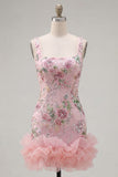 Pink Bodycon Square Neck Floral Sequin Homecoming Dress with Ruffles