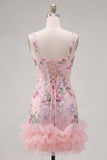 Pink Bodycon Square Neck Floral Sequin Homecoming Dress with Ruffles