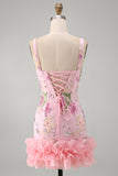 Pink Bodycon Square Neck Floral Sequin Homecoming Dress with Ruffles