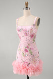 Pink Bodycon Square Neck Floral Sequin Homecoming Dress with Ruffles