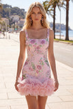 Pink Bodycon Square Neck Floral Sequin Homecoming Dress with Ruffles