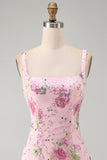 Pink Bodycon Square Neck Floral Sequin Homecoming Dress with Ruffles
