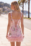 Pink Bodycon Square Neck Floral Sequin Homecoming Dress with Ruffles