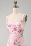 Pink Bodycon Square Neck Floral Sequin Homecoming Dress with Ruffles