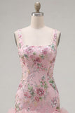 Pink Bodycon Square Neck Floral Sequin Homecoming Dress with Ruffles