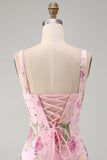 Pink Bodycon Square Neck Floral Sequin Homecoming Dress with Ruffles