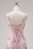 Pink Bodycon Square Neck Floral Sequin Homecoming Dress with Ruffles