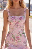 Pink Bodycon Square Neck Floral Sequin Homecoming Dress with Ruffles