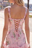 Pink Bodycon Square Neck Floral Sequin Homecoming Dress with Ruffles