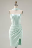 Mint Bodycon Strapless Corset Homecoming Dress with Slit