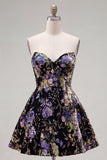 Strapless A Line Floral Sequin Black Homecoming Dress with Lace-up Back