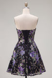 Strapless A Line Floral Sequin Black Homecoming Dress with Lace-up Back
