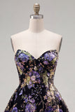 Strapless A Line Floral Sequin Black Homecoming Dress with Lace-up Back