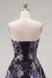 Strapless A Line Floral Sequin Black Homecoming Dress with Lace-up Back