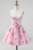 Strapless A Line Floral Sequin Black Homecoming Dress with Lace-up Back