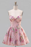 Strapless A Line Floral Sequin Black Homecoming Dress with Lace-up Back