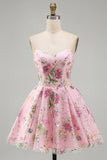 Strapless A Line Floral Sequin Black Homecoming Dress with Lace-up Back