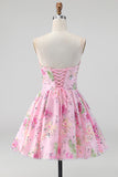 Strapless A Line Floral Sequin Black Homecoming Dress with Lace-up Back