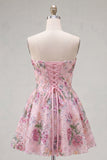 Strapless A Line Floral Sequin Black Homecoming Dress with Lace-up Back