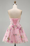 Strapless A Line Floral Sequin Black Homecoming Dress with Lace-up Back
