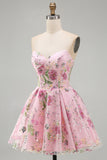 Strapless A Line Floral Sequin Black Homecoming Dress with Lace-up Back